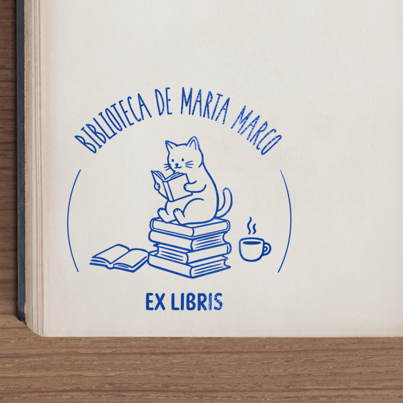 Sello de Ex Libris Diseño Gato Lector | SellosGoma